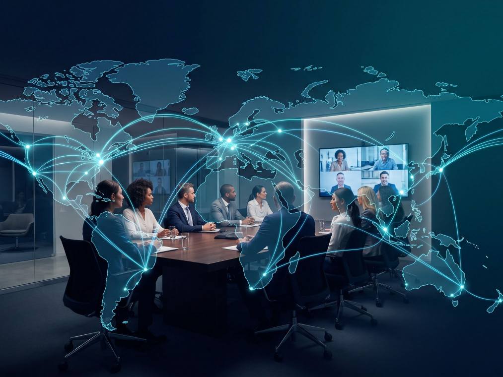 Business professionals discussing a partnership in a conference room, with a world map displayed on the screen behind them.