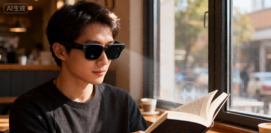 A man wearing smart glasses reads a book, showcasing technology designed to assist visually impaired individuals.