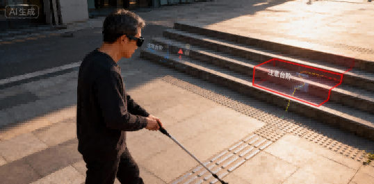 A man walks down a street, wearing AI glasses designed for the visually impaired, with a red dot visible on his hand.