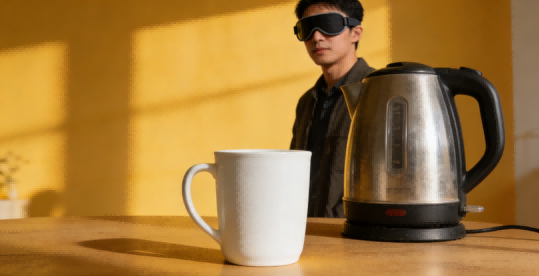 A man with a blindfold is positioned next to a coffee pot, showcasing the role of wearable devices in aiding the visually impaired.